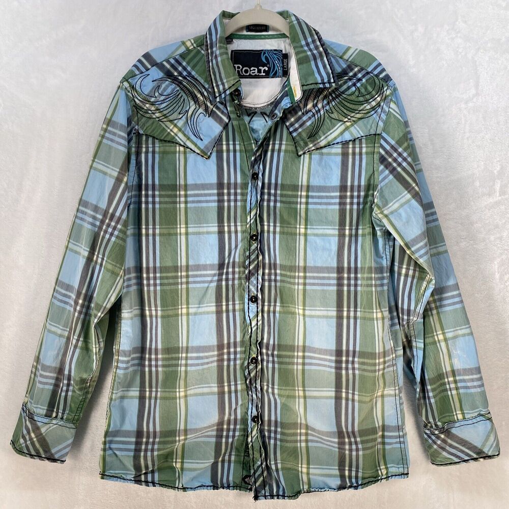 Buckle Roar Signature Button Down Men's Sz‎ Large Plaid Embroidered Streetwear